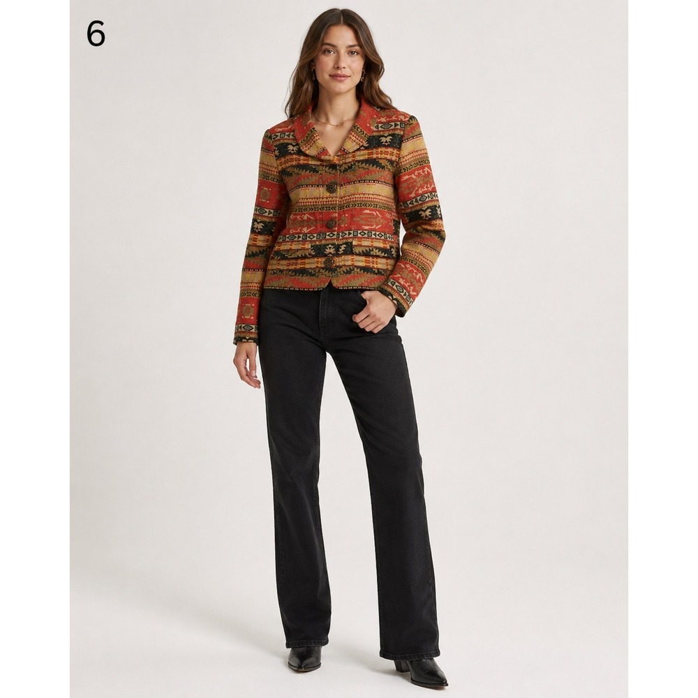 Chicos Southwest Folk Boho Jacket Womens 1 M/8 Metal Button Pockets Aztec Print